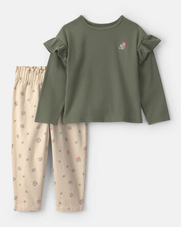 Toute-petit fille - Ensemble 2 pi&egrave;ces en serg&eacute; haut manches longues et pantalon &agrave; motif floral - Vert olive/Cr&egrave;me, 