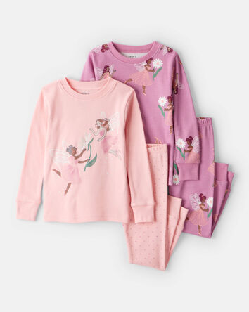 Toddler Girl Fairy Floral 100% Cotton Long-Sleeve Snug Fit 4-Piece Pyjamas - Pink/Purple, 