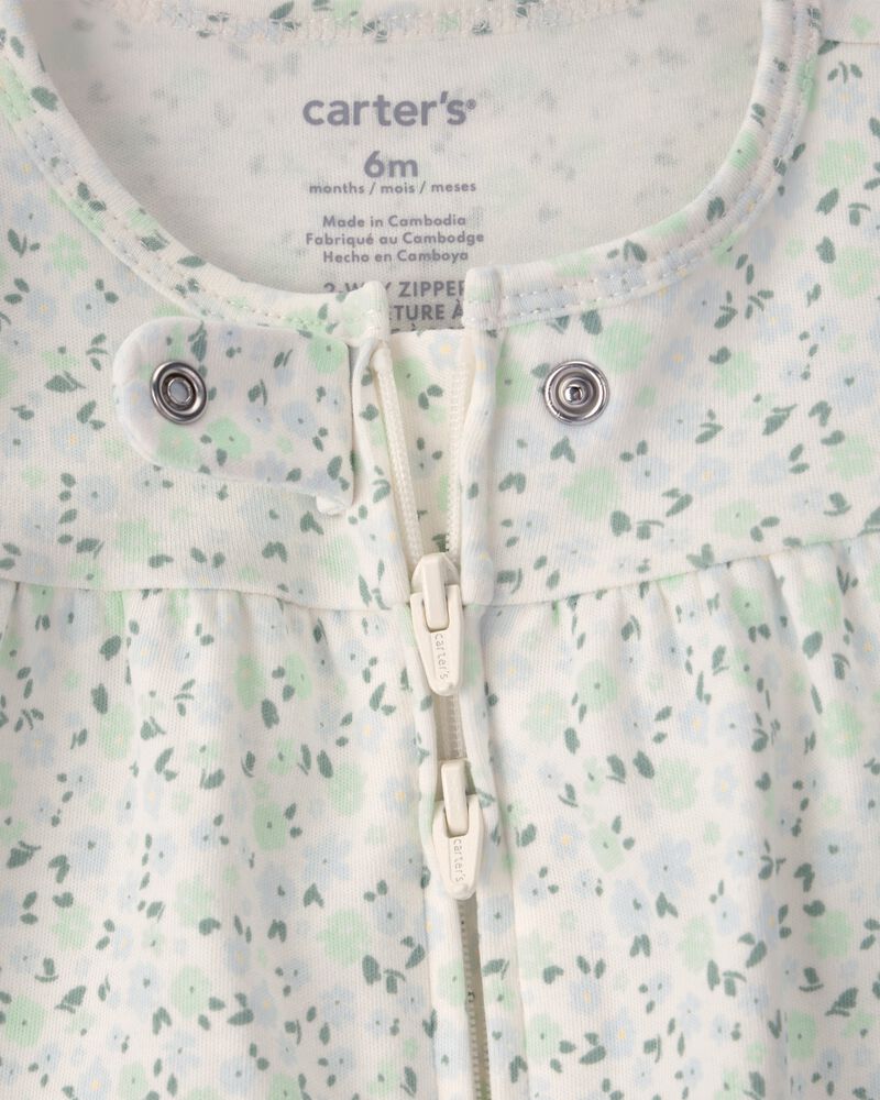 Baby Girl Floral 2-Way Zip 100% Cotton Sleeper - Green/Ivory, image 2 of 4 slides