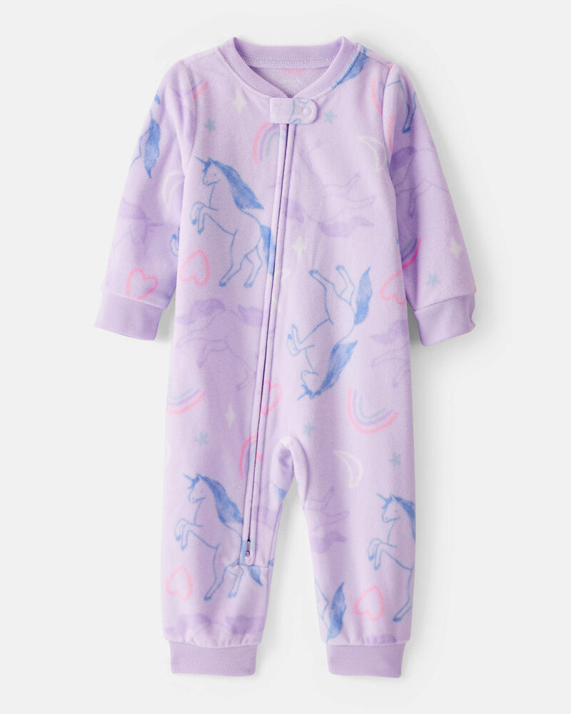 Baby Girl Unicorn Print Loose Fit Long-Sleeve 2-Way Zip 1-Piece pyjamas - Purple, image 1 of 4 slides