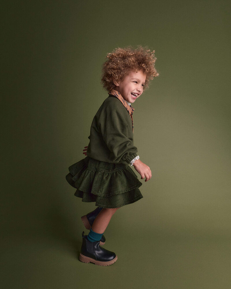 Toddler Girl Pullover sweatshirt with leopard collar - Olive, image 4 of 5 slides