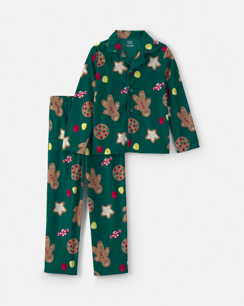Kids 2-Piece Christmas Gingerbread Fleece Loose Fit Pyjama Set - Green, image 1 of 3 slides