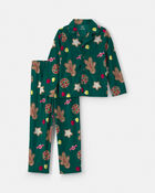 Kids 2-Piece Christmas Gingerbread Fleece Loose Fit Pyjama Set - Green, image 1 of 3 slides
