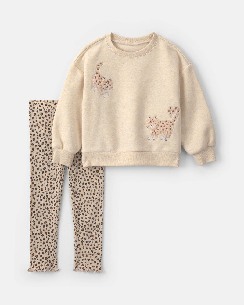 Toddler Girl 2-Piece Leopard Fleece Long-Sleeve Top & Pant Set - Brown/Cream, image 1 of 5 slides