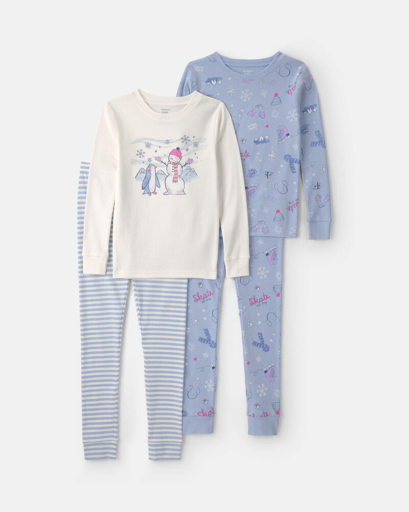Girls Winter 100% Cotton Snug Fit 4-Piece Pyjama Set - Purple/White, image 1 of 5 slides
