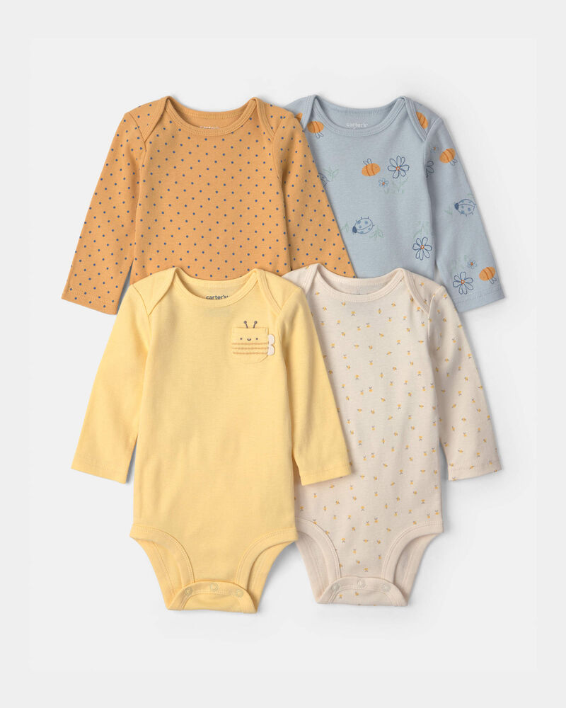 Baby Girl 4-Pack Bee Long-Sleeve Bodysuits - Yellow/Blue/Ivory, image 1 of 6 slides