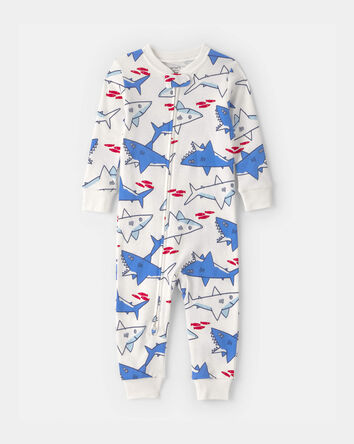 Baby Boy Shark 100% Cotton Snug Fit 1-Piece Pyjama - Ivory/Blue, 