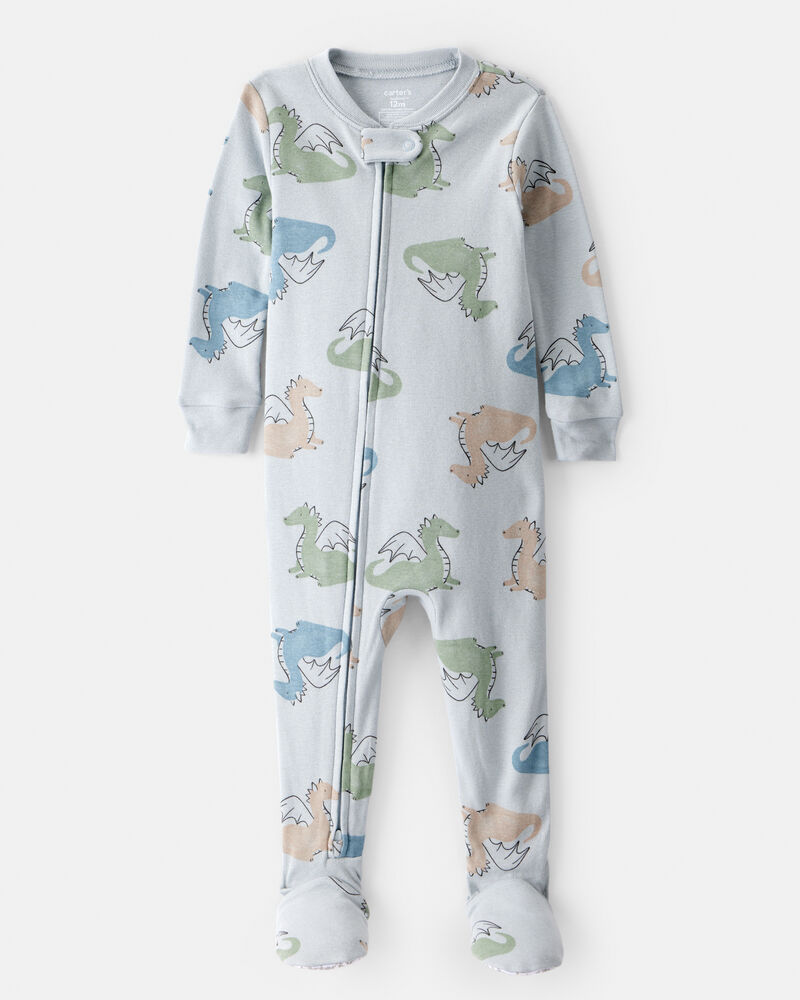 Baby Boy Dragon Print 100% Cotton Long-Sleeve 2-Way Zip 1-Piece Pyjamas - Blue, image 1 of 4 slides