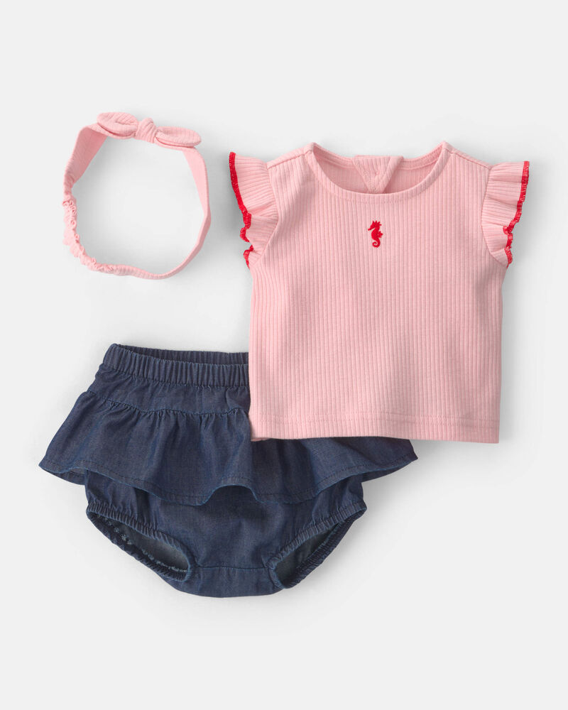 Baby Girl 3-Piece Headband, Top & Chambray Short Set - Pink, image 1 of 6 slides