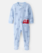Tout-petit gar&ccedil;on - Pyjama une pi&egrave;ce &agrave; manches longues, coupe ample, imprim&eacute; de camion de pompier, fermeture &eacute;clair bidirectionnelle - Bleu, image 1 sur 3 diapositives