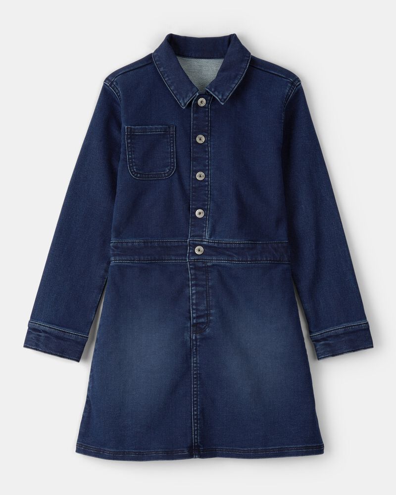 Girls Dark Wash Denim Long-Sleeve Dress - Blue, image 1 of 4 slides