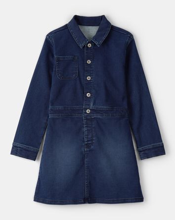Filles - Robe en denim &agrave; manches longues d&eacute;lav&eacute; fonc&eacute; - Bleu, 