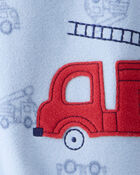 Tout-petit gar&ccedil;on - Pyjama une pi&egrave;ce &agrave; manches longues, coupe ample, imprim&eacute; de camion de pompier, fermeture &eacute;clair bidirectionnelle - Bleu, image 3 sur 3 diapositives
