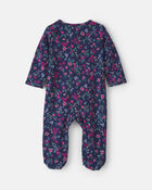 Baby Girl Floral 100% 2-Way Zip Cotton Sleeper - Navy, image 2 of 6 slides
