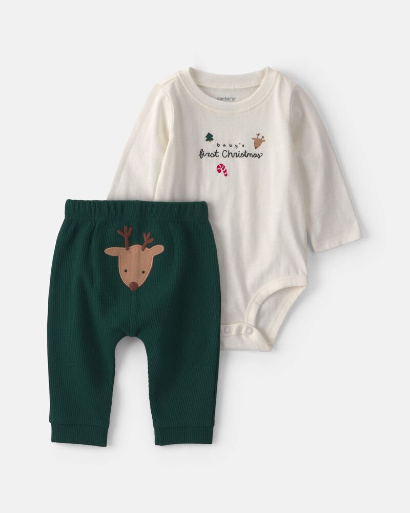 B&eacute;b&eacute; - Ensemble 2 pi&egrave;ces cache-couche manches longues &laquo;Baby's  First Christmas&raquo; et pantalon  &ndash; Ivoire/Vert, image 1 sur 4 diapositives