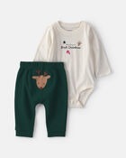 B&eacute;b&eacute; - Ensemble 2 pi&egrave;ces cache-couche manches longues &laquo;Baby's  First Christmas&raquo; et pantalon  &ndash; Ivoire/Vert, image 1 sur 4 diapositives
