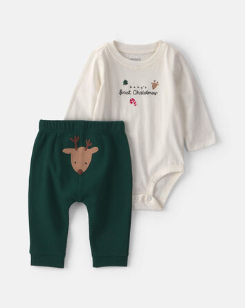 Baby 2-Piece 'Baby's First Christmas' Long-Sleeve Bodysuit & Pant Set - Ivory/Green, 