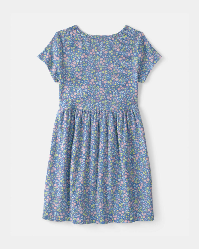Girls Floral Rib Short-Sleeve Dress - Blue, image 2 of 4 slides