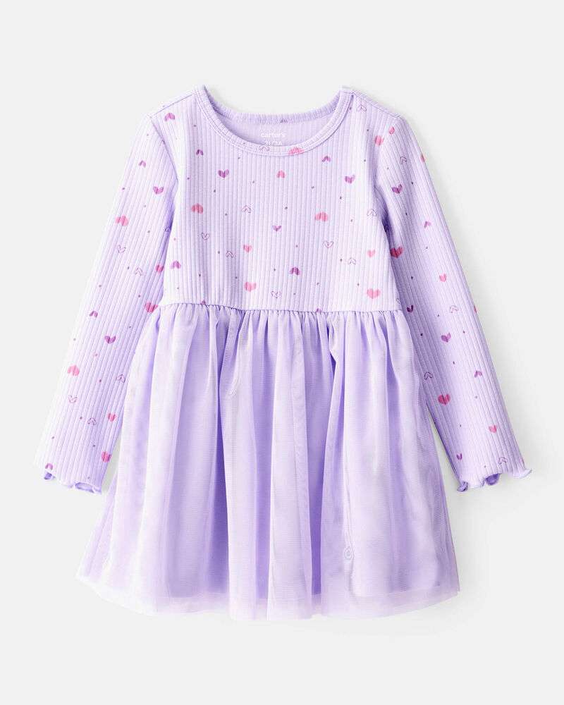 Toddler Girl Heart Print Long-Sleeve Dress - Purple, image 1 of 4 slides