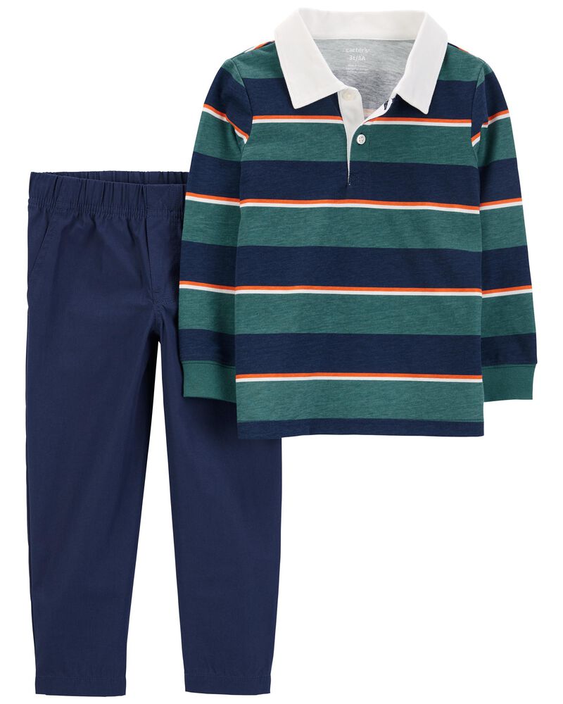 Navy/Green 2Piece Striped Rugby Polo & Pant Set