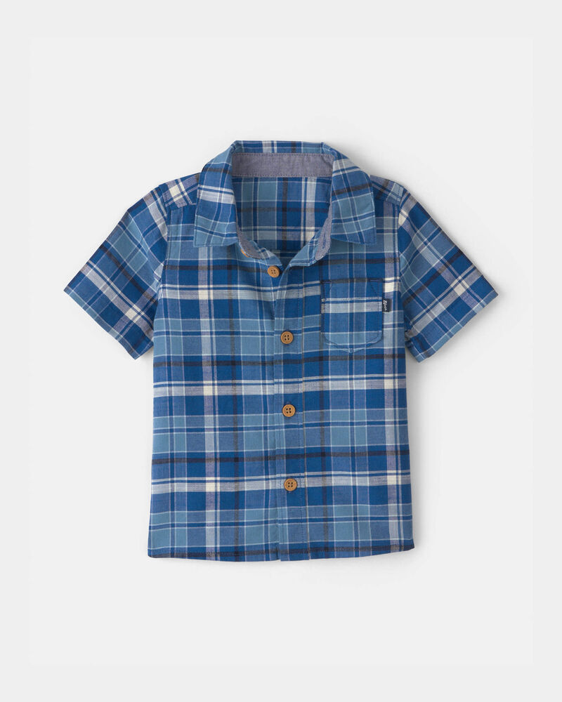 Baby Boy Plaid Short-Sleeve Button-Down Shirt - Blue, image 1 of 3 slides