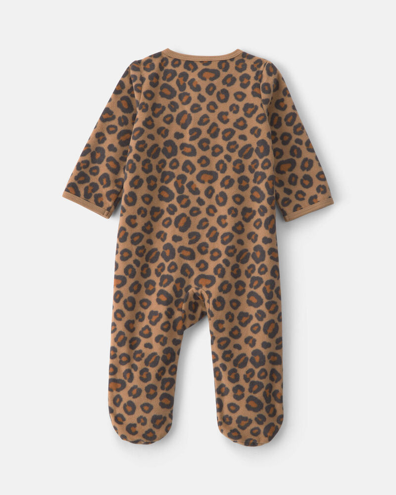 Baby Girl Leopard Fleece 2-Way Zip Sleeper - Brown, image 2 of 5 slides