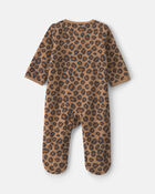 Baby Girl Leopard Fleece 2-Way Zip Sleeper - Brown, image 2 of 5 slides