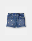 Tout-petit fille - Short en denim brod&eacute;, marguerites - D&eacute;lav&eacute; fonc&eacute;, image 1 sur 3 diapositives