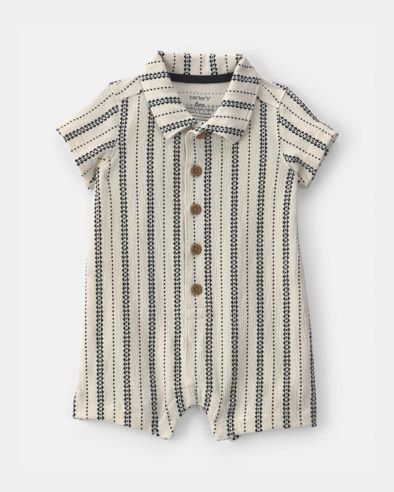 Baby Boy Striped Short-Sleeve Romper - Black/Ivory, image 1 of 5 slides