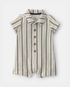 Baby Boy Striped Short-Sleeve Romper - Black/Ivory, image 1 of 5 slides