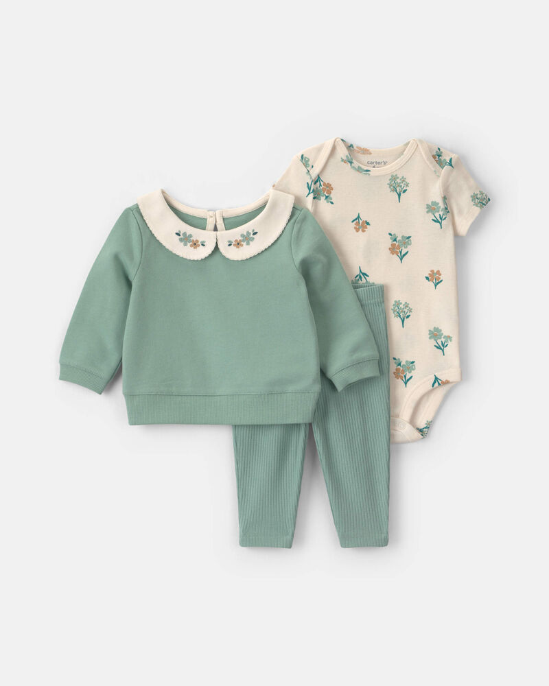 Baby Girl 3-Piece Floral French Terry Layering Set - Green, image 1 of 6 slides