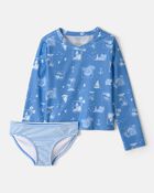 Girls 2-Piece Sailboat Long-Sleeve Rashguard Swimsuit Set - Blue, image 1 of 4 slides
