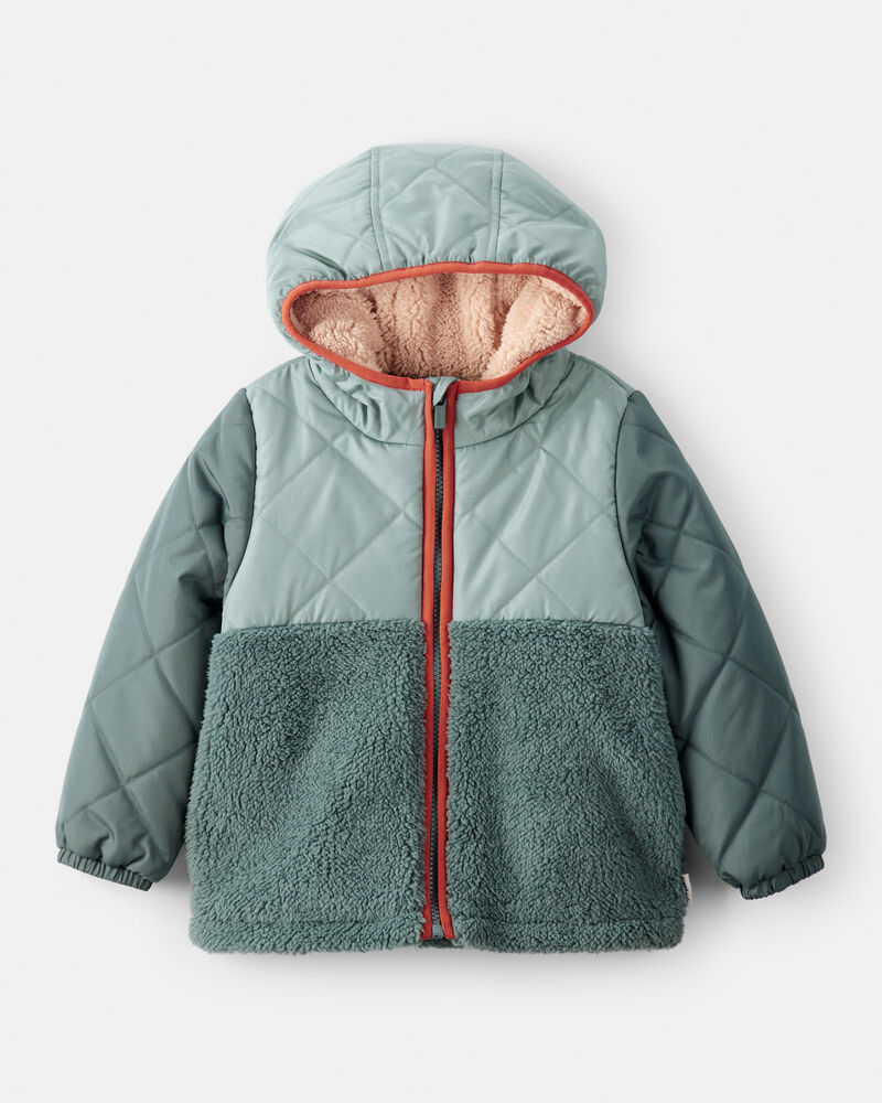 Toddler Boy Long-Sleeve Midweight Quilted Sherpa Jacket - Green, image 1 of 3 slides