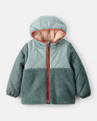 Toddler Boy Long-Sleeve Midweight Quilted Sherpa Jacket - Green, image 1 of 3 slides