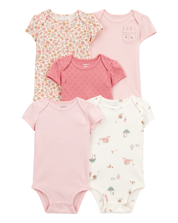 5-Pack Floral Bunny Short-Sleeve Cotton Bodysuits, 