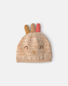 B&eacute;b&eacute; - Bonnet en tricot &agrave; motif de dinde de l&rsquo;Action de gr&acirc;ce &ndash; Cr&egrave;me, image 1 sur 2 diapositives