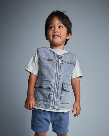 Toddler Boy Zip-Up Denim Vest with Pockets in Avenue Wash - Blue, 