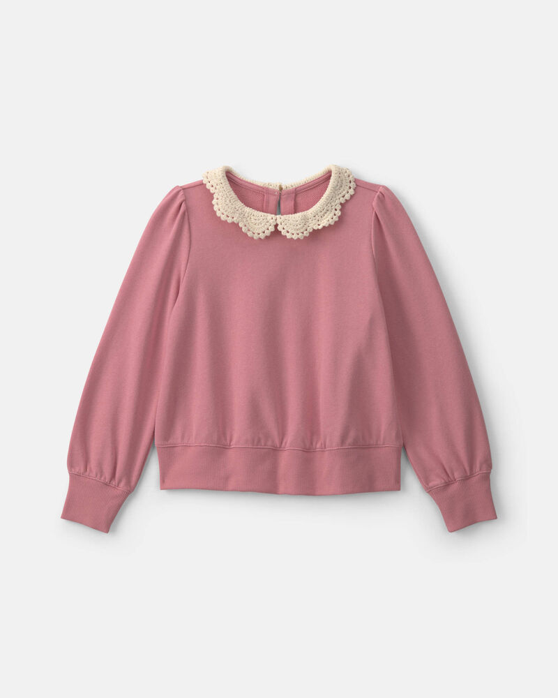 Girls Floral Collar French Terry Pullover Sweatshirt - Pink, image 1 of 4 slides