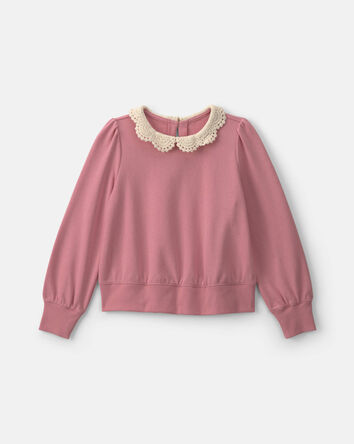 Girls Floral Collar French Terry Pullover Sweatshirt - Pink, 