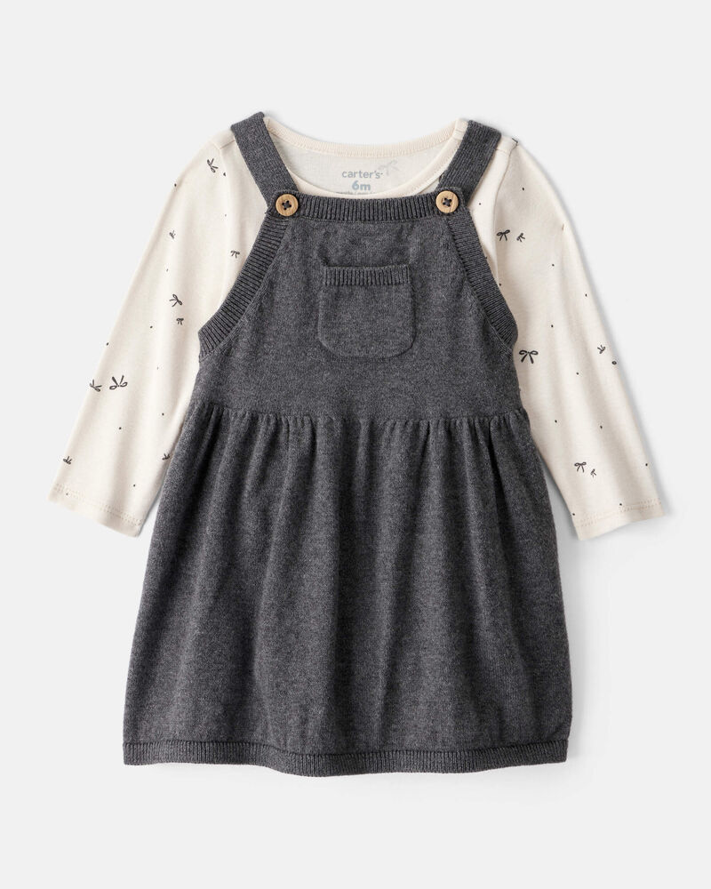 Baby Girl Bow Print Cotton Long-Sleeve Dress Set - White/Grey, image 1 of 7 slides