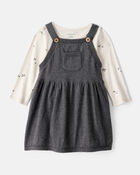 Baby Girl Bow Print Cotton Long-Sleeve Dress Set - White/Grey, image 1 of 7 slides