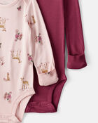 Baby Girl 2-Pack Deer & Floral Print PurelySoft Long-Sleeve Multipack Bodysuits - Red/Pink, image 2 of 7 slides