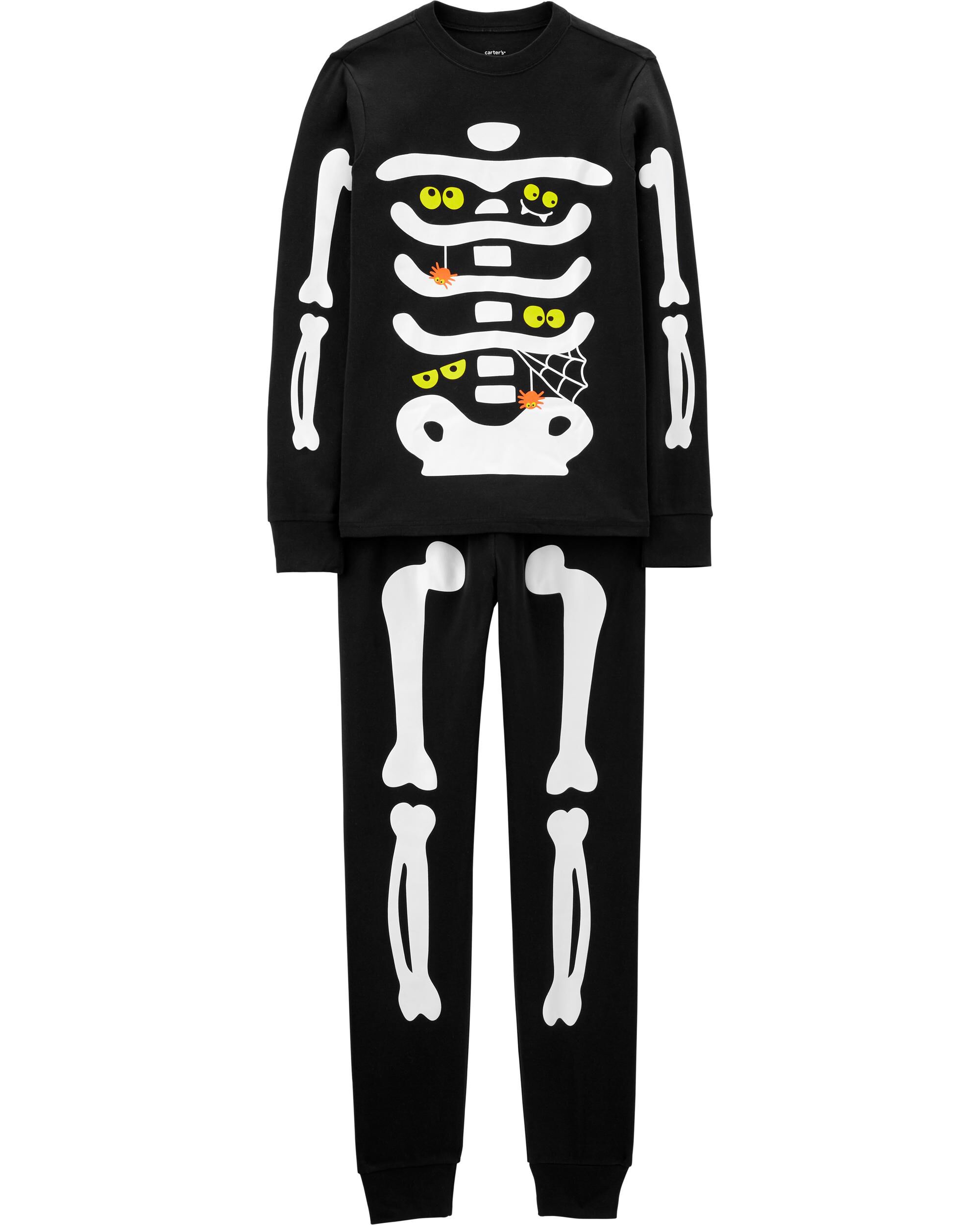 Black 2 Piece Adult Unisex Glow Halloween Skeleton 100 Snug Fit