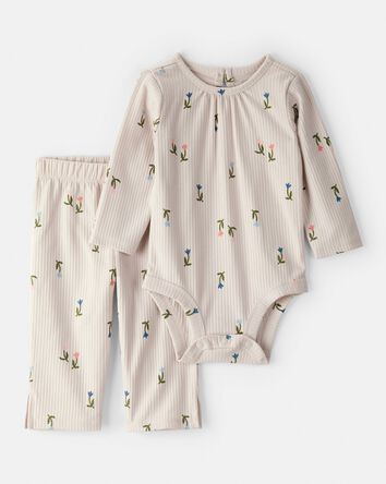 Baby Girl 2-Piece Floral Bodysuit & Pant Set - Brown, 