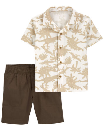 2-Piece Dinosaur Button-Front Shirt & Short Set, 