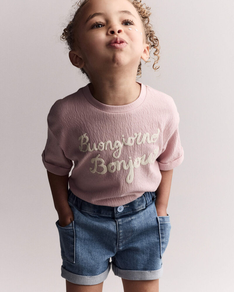 Toddler Girl 'Buongiorno, Bonjour' Rolled Cuff Tee - Light Pink, image 6 of 6 slides