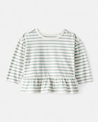 Baby Girl Striped Long-Sleeve Peplum Top - Green, image 1 of 3 slides