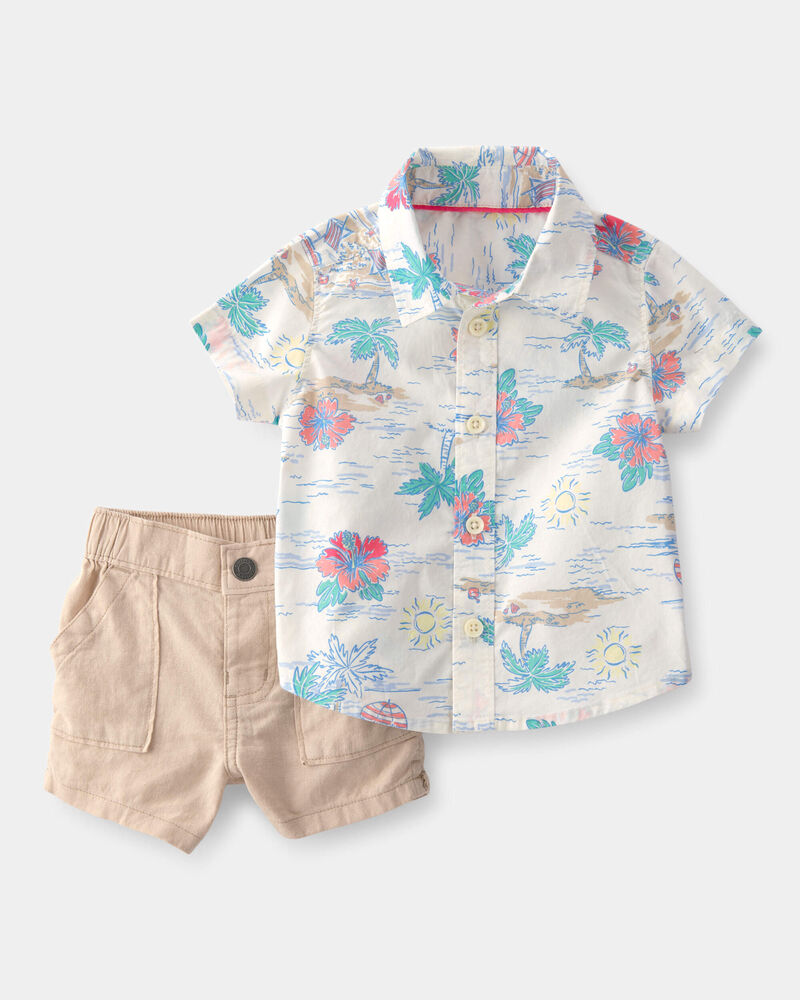 Baby Boy 2-Piece Solid Short-Sleeve Tee & Pant Set - Beige/White, image 1 of 6 slides