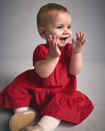 B&eacute;b&eacute; fille - Robe manches courtes en velours c&ocirc;tel&eacute; &ndash; Rouge, 