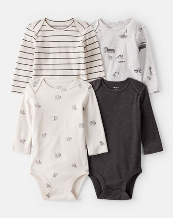Baby Boy 4-Pack Sheep Print Long-Sleeve Multipack Bodysuits - White, 